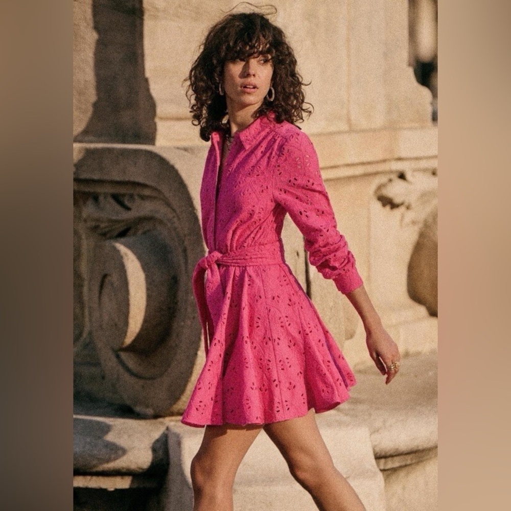 Sezane Bright Pink Eyelet Mini Dress
